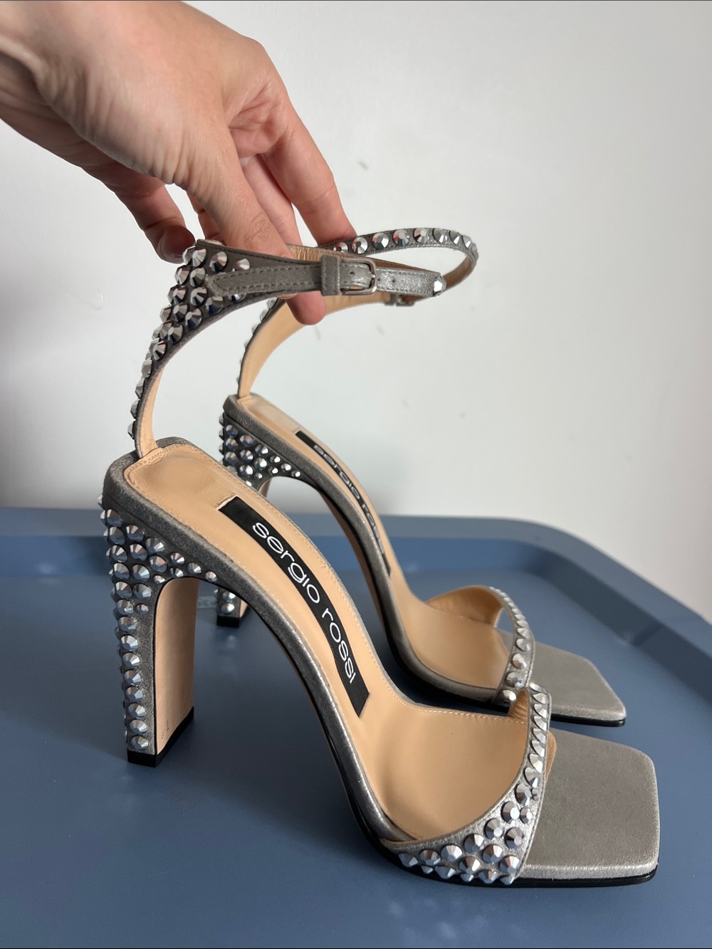 Sergio Rossi silver sparkly studded open toe ankle strap sandals heels 38 NO box